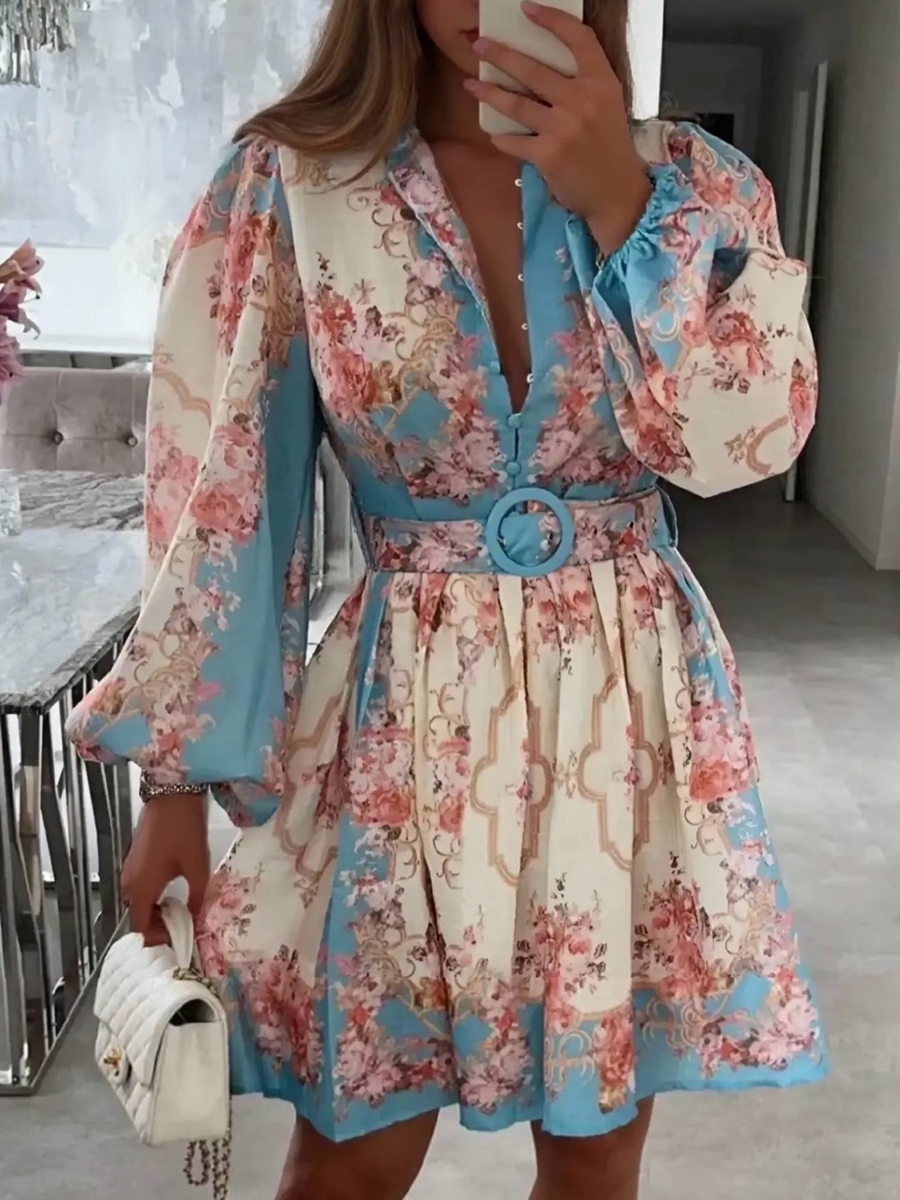 Floral Blue & Cream Belted Fit-and-Flare Dress